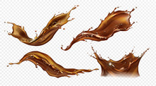 Splash Of Coffee, Cola Or Tea Isolated On Transparent Background. Vector Realistic Set Of Liquid Waves Of Falling And Flowing Brown Drink With Drops And Bubbles