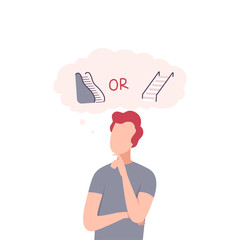 Poster - Young Man Trying to Make Decision, Staircase or Escalator, Guy hoosing Between Healthy and Unhealthy Lifestyle Flat Vector Illustration