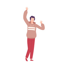 Sticker - Young Man Standing with Raising Hands, Male Character Dancing at Party, Having Fun or Celebrating Success Flat Vector Illustration