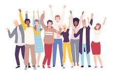 Group Of People Standing With Raising Hands, Young Men And Women Having Fun Or Celebrating Success Flat Vector Illustration