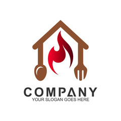 red fire house with spoon and fork logo, food and cooking vector, restaurant logo, home kitchen icon