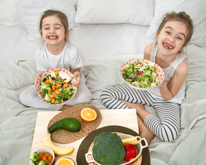 Healthy food, children eat fruits and vegetables.