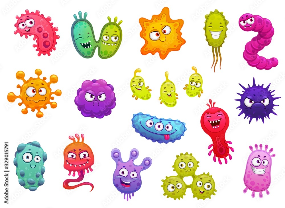 Bacteria, microbes, cute germs and viruses isolated cartoon vector characters with funny faces. Smiling pathogen microbe monsters, bacteries and viruses with big eyes, cells with teeth and tongues - obrazy, fototapety, plakaty 