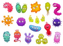 Bacteria, Microbes, Cute Germs And Viruses Isolated Cartoon Vector Characters With Funny Faces. Smiling Pathogen Microbe Monsters, Bacteries And Viruses With Big Eyes, Cells With Teeth And Tongues