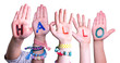 Children Hands Building Colorful German Word Hallo Means Hello. White Isolated Background