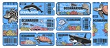 Oceanarium park tickets, aquarium zoo with sea underwater animals as a shark, angelfish, lionfish, dolphin and turtle, moray eel and prawn, corals. Vector admit tickets template with cut line