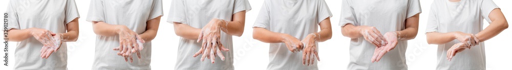 6 steps for wash hand, Asian woman hand wash her hand with soap foam for cleaning hand isolated on white background, With clipping path, Global healthcare hygiene and infection concept. - obrazy, fototapety, plakaty 