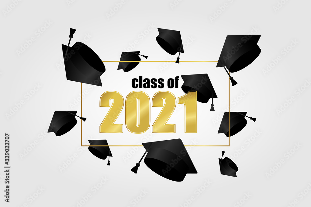 Class of 2021. Gold frame and number with thrown up black education ...