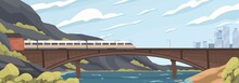 Modern Speedy Train On Railway At Old Brick Bridge Over Sea Vector Graphic Illustration. Fast Electric Transport Moving On Railroad At Beautiful Natural Landscape Mountain, Sky And City