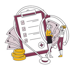 Poster - Agent and client discussing health insurance. Women talking near medical protection checklist and money. Vector illustration for healthcare, security, service, medicine concept