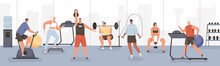 Different Cartoon People Exercising At Modern Gym Vector Flat Illustration. Athletic Man And Woman On Training Apparatus Have Various Physical Exercises Enjoy Sport Activity