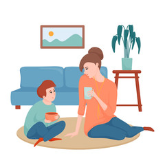 Happy mother and son sitting on the floor in the living room, drinking tea and talking, spending time together, flat cartoon vector illustration isolated on white background. Mom and son drinking tea