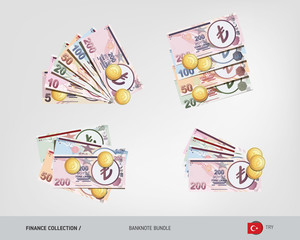 Turkish Lira banknotes set with gold coins. Isolated on background. Cash of different nominal value. Vector illustration on the topic of finance. 