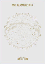 Northern Hemisphere. High Detailed Star Map Of Vector Constellations. Astrological Celestial Map With Symbols And Signs Of Zodiac
