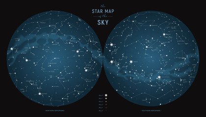 Wall Mural - star constellations around the poles. nothern and southern high detailed star map with symbols and s