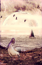 Fiction Book Cover Design Template. Sailboat In The Ocean With Pelican On Shore And Alien Planet On The Horizon - Digital Illustration. Elements Of This Image Are Furnished By NASA