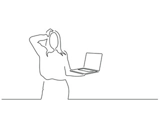 Wall Mural - Woman using a laptop isolated line drawing, vector illustration design. Technology collection.