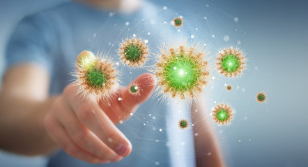 Poster - Man analyzing bacteria on microscopic close-up 3D rendering