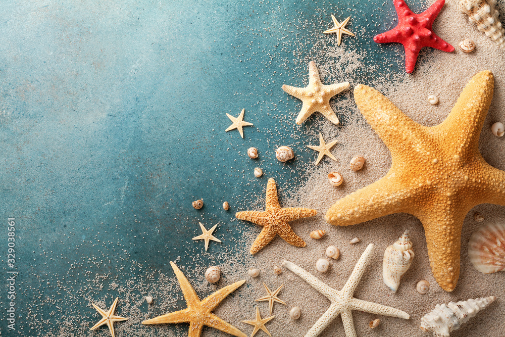 Seashell, starfish and beach sand on blue background. Summer ...