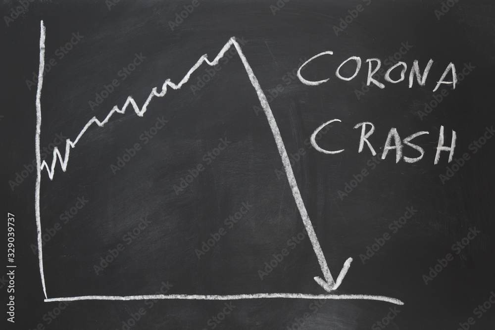 corona crash - hand-drawn graph on chalkboard showing stock market collapse or financial economy crisis caused by coronavirus - obrazy, fototapety, plakaty 