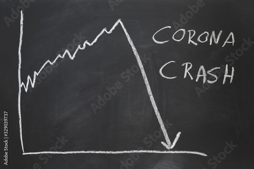 Fotomural corona crash - hand-drawn graph on chalkboard showing stock market collapse or f