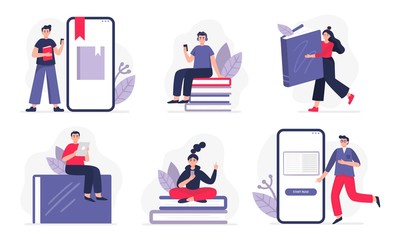 Fototapete - Boys and girls reading paper or electronic books on their phones and tablets. Flat Vector can be used by libraries, apps, landing pages, stores, schools or e-commerce.