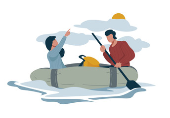 Wall Mural - rafting or hiking and backpacking, couple in boat, active pastime