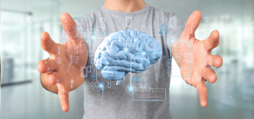 Poster - businessman holding a intelligence artificial brain with data - 3d rendering