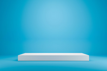 Poster - White podium shelf or empty studio display on vivid blue summer background with minimal style. Blank stand for showing product. 3D rendering.