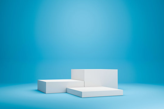 White podium shelf or empty studio display on vivid blue summer background with minimal style. Blank stand for showing product. 3D rendering.