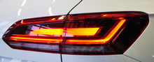 Red Rear Taillight Of A Modern Car Close-up. Service, Repair, Body Repair, Body Painting, Spare Parts Concept.