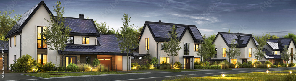 Modern beautiful houses with solar panels on the roof - obrazy, fototapety, plakaty 