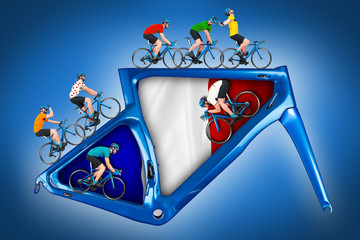 bicycle road racing tour concept. cyclist in competition jersey on race bike riding on a modern blue carbon frame blue white backgroundwith french france flag