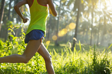 Wall Mural - young fitness woman running at morning tropical forest trail