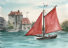 Watercolor Illustration Of  A Landscape Of City ​​embankment  With A Sailboat With Red Sails