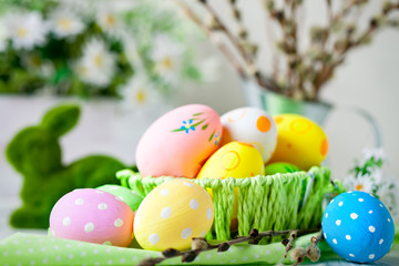 Happy Easter. Congratulatory easter background. Easter eggs and flowers. Background with copy space. Selective focus.