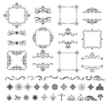 Set Of Calligraphic Frames And Design Elements. Hand Drawn Decorative Style. Vector Isolated Illustration.
