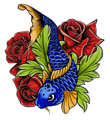 Sticker - hand drawn koi fish with flower tattoo for Arm.Colorful Koi carp with Water splash