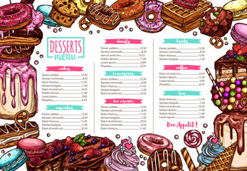 Vector template of dessert, candy, bakery and sweets menu. Sketch hand drawn illustration. Colorful background