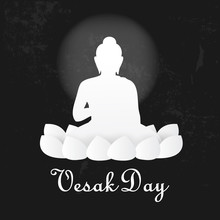 Happy Vesak Day Buddha Purnima Banner With Buddha Meditating On Lotus On Dark Background Vector Design Paper Cut Style Vector Illustration