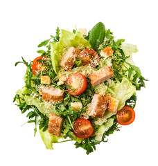 Salad with chicken, cherry tomatoes and cheese, isolated on white, top view..