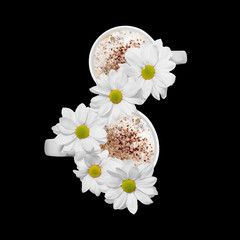 Flowers In cup of coffee tea in shape of number eight