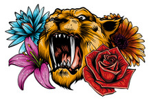 Tiger Head Face And Composition Flowers Yellow Sunflowers Roses Vector Illustration
