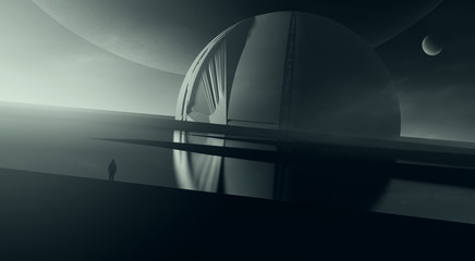 futuristic surreal landscape, abstract dome building in science fiction setting with planets in the 