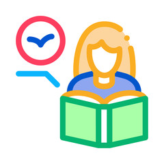 Poster - Girl Reading Book About Bird Icon Thin Line Vector. Woman Reading Ornithology Encyclopedia, Student Education Concept Linear Pictogram. Color Isolated Contour Symbol Illustration