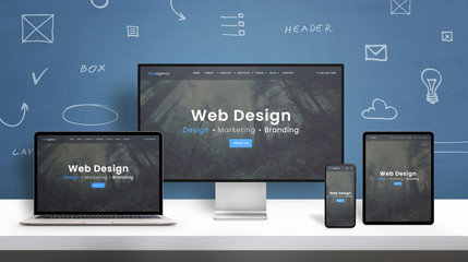 web design studio web site responsive design presentation on computer display, laptop, smart phone a