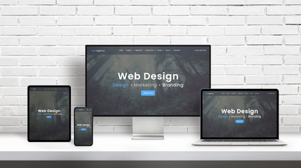 Leinwandbilder - Web design agency concept presentation on displays of different dimensions. Modern flat web design template, theme concept. White brick wall in background