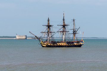 Wall Mural - frigate Hermione Lafayette ancient new vessel in atlantic ocean near fort boyard