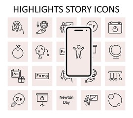 Wall Mural - Newton's Day Set Line Vector Icon. Contains such Icons as Newton, Laws of physics and gravity, Flying Apple, Calendar, Teacher, blackboard and projector Editable Stroke. 32x32 Pixels