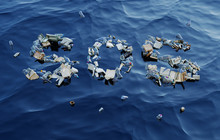 SOS Word Made Up Of Plastic Waste On Water Surface. Plastic Pollution Concept. 3D Illustration